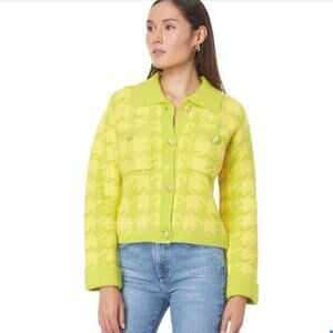 English Factory Lime Yellow Houndstooth Cropped Cardigan Chunky Cozy L Dopamine